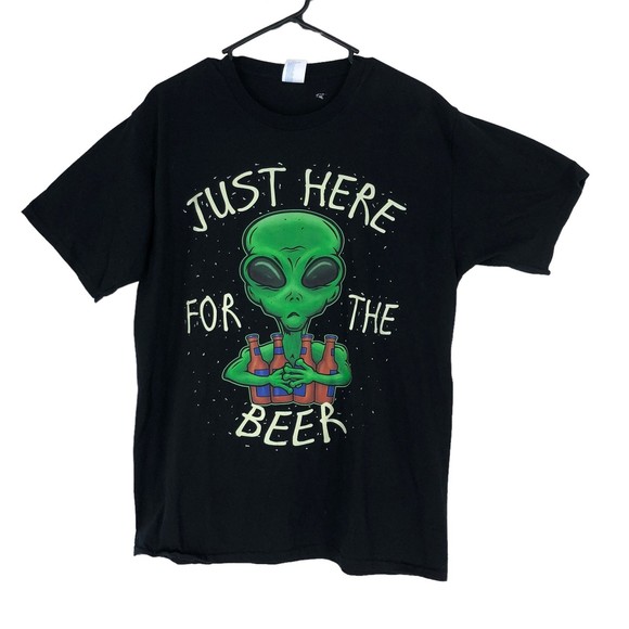 Just Here for the Beer Black Light Glow in the Dark T-Shirt; Alien & Beer SZ L - Picture 1 of 6
